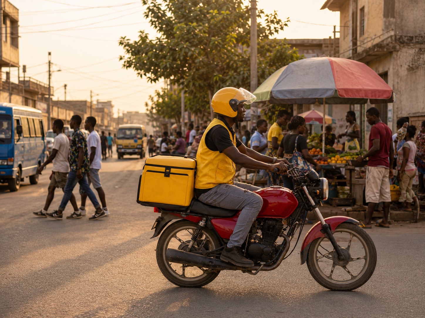 Estafeta em mota a entregar numa rua de Luanda