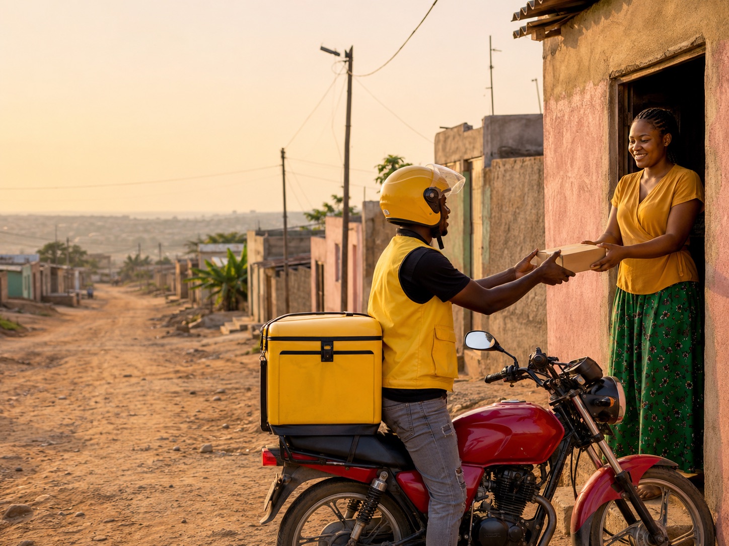 Pessoa a receber uma encomenda à porta, num bairro de Luanda